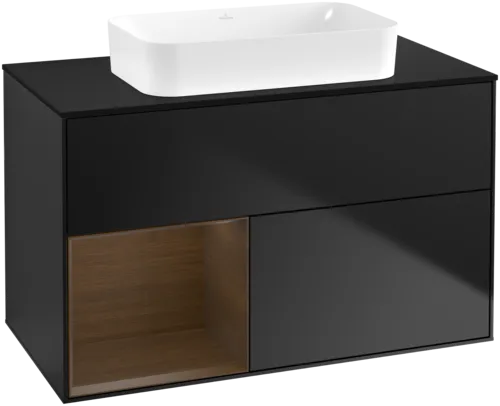 VILLEROY BOCH Toaletní skříňka Finion, s osvětlením, 2 výsuvy, 1000 x 603 x 501 mm, černý matný lak / ořechová dýha / černé matné sklo #F652GNPD
