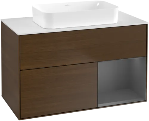 VILLEROY BOCH Toaletní skříňka Finion, s osvětlením, 2 výsuvy, 1000 x 603 x 501 mm, ořechová dýha / antracitový matný lak / bílé matné sklo #F661GKGN