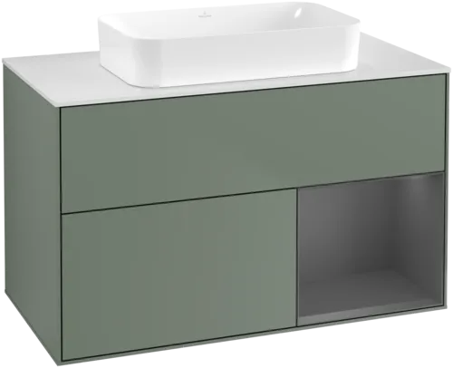 VILLEROY BOCH Toaletní skříňka Finion, s osvětlením, 2 výsuvy, 1000 x 603 x 501 mm, olivový matný lak / antracitový matný lak / bílé matné sklo #F661GKGM