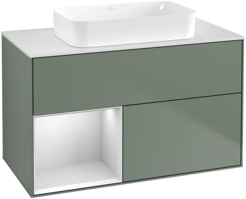 VILLEROY BOCH Toaletní skříňka Finion, s osvětlením, 2 výsuvy, 1000 x 603 x 501 mm, olivový matný lak / bílý matný lak / bílé matné sklo #F651MTGM