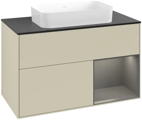 VILLEROY BOCH Toaletní skříňka Finion, s osvětlením, 2 výsuvy, 1000 x 603 x 501 mm, hedvábně šedý matný lak / antracitový matný lak / černé matné sklo #F662GKHJ