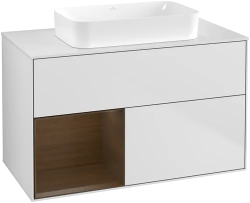 VILLEROY BOCH Toaletní skříňka Finion, s osvětlením, 2 výsuvy, 1000 x 603 x 501 mm, bílý matný lak / ořechová dýha / sklo bílé matné #F651GNMT