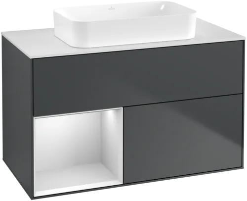 VILLEROY BOCH Toaletní skříňka Finion, s osvětlením, 2 výsuvy, 1000 x 603 x 501 mm, Midnight Blue Matt Lacquer / White Matt Lacquer / Glass White Matt #F651MTHG