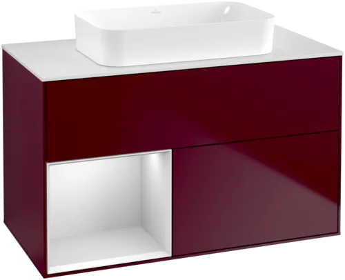 VILLEROY BOCH Toaletní skříňka Finion, s osvětlením, 2 výsuvy, 1000 x 603 x 501 mm, Peony Matt Lacquer / White Matt Lacquer / Glass White Matt #F651MTHB