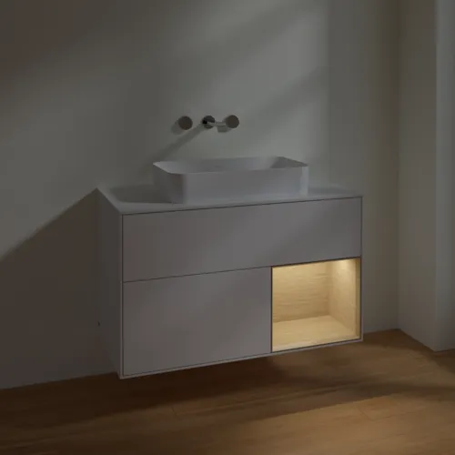 VILLEROY BOCH Toaletní skříňka Finion, s osvětlením, 2 výsuvy, 1000 x 603 x 501 mm, lesklý bílý lak / dubová dýha / sklo bílé matné #F661PCGF, obrázek 5