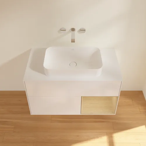 VILLEROY BOCH Toaletní skříňka Finion, s osvětlením, 2 výsuvy, 1000 x 603 x 501 mm, lesklý bílý lak / dubová dýha / sklo bílé matné #F661PCGF, obrázek 4