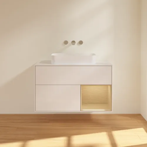 VILLEROY BOCH Toaletní skříňka Finion, s osvětlením, 2 výsuvy, 1000 x 603 x 501 mm, lesklý bílý lak / dubová dýha / sklo bílé matné #F661PCGF, obrázek 3