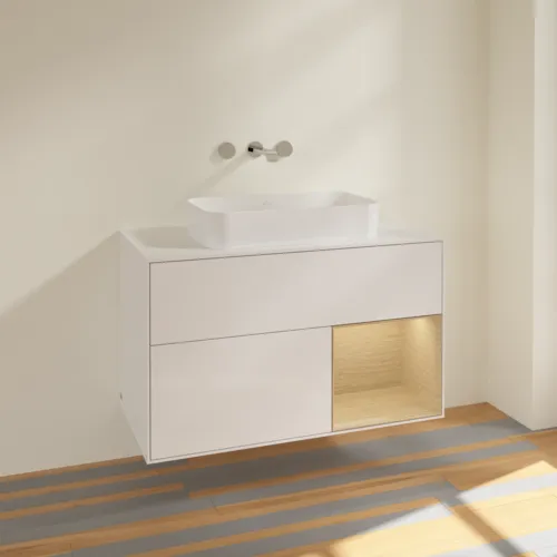 VILLEROY BOCH Toaletní skříňka Finion, s osvětlením, 2 výsuvy, 1000 x 603 x 501 mm, lesklý bílý lak / dubová dýha / sklo bílé matné #F661PCGF, obrázek 2