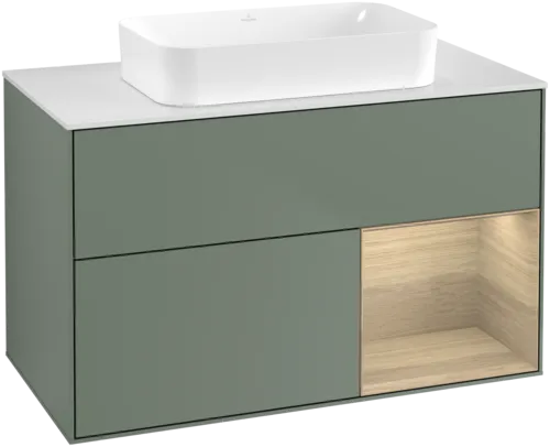 VILLEROY BOCH Toaletní skříňka Finion, s osvětlením, 2 výsuvy, 1000 x 603 x 501 mm, olivový matný lak / dubová dýha / sklo bílé matné #F661PCGM