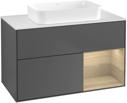 VILLEROY BOCH Toaletní skříňka Finion, s osvětlením, 2 výsuvy, 1000 x 603 x 501 mm, antracit matný lak / dubová dýha / sklo bílé matné #F661PCGK