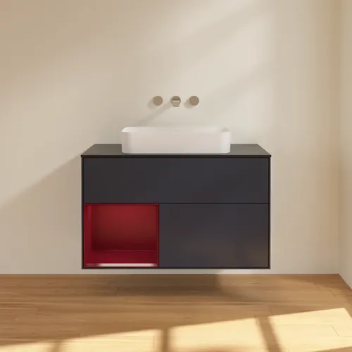 VILLEROY BOCH Toaletní skříňka Finion, s osvětlením, 2 výsuvy, 1000 x 603 x 501 mm, Midnight Blue Matt Lacquer / Peony Matt Lacquer / Glass Black Matt #F652HBHG, obrázek 3