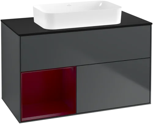 VILLEROY BOCH Toaletní skříňka Finion, s osvětlením, 2 výsuvy, 1000 x 603 x 501 mm, Midnight Blue Matt Lacquer / Peony Matt Lacquer / Glass Black Matt #F652HBHG