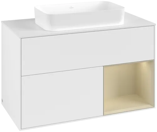 VILLEROY BOCH Toaletní skříňka Finion, s osvětlením, 2 výsuvy, 1000 x 603 x 501 mm, bílý matný lak / hedvábně šedý matný lak / bílé matné sklo #F661HJMT