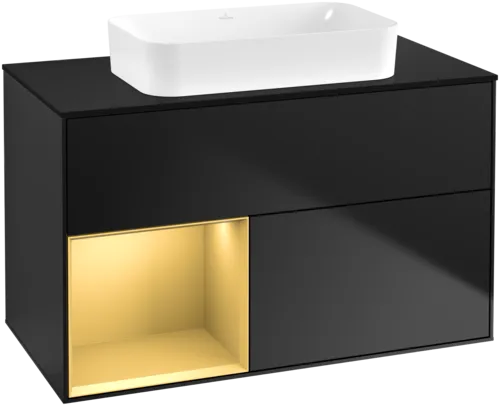VILLEROY BOCH Toaletní skříňka Finion, s osvětlením, 2 výsuvy, 1000 x 603 x 501 mm, černý matný lak / zlatý matný lak / černé matné sklo #F652HFPD