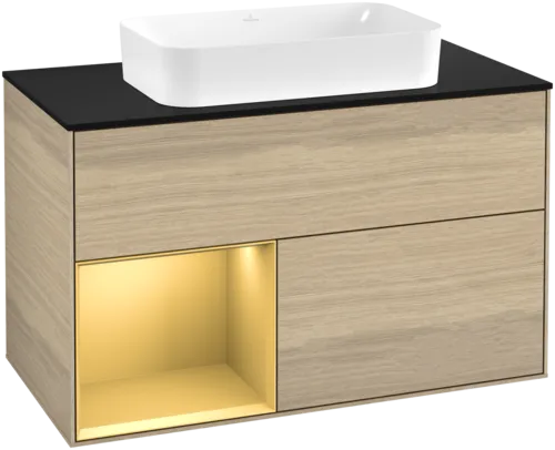 VILLEROY BOCH Toaletní skříňka Finion, s osvětlením, 2 výsuvy, 1000 x 603 x 501 mm, dubová dýha / zlatý matný lak / černé matné sklo #F652HFPC