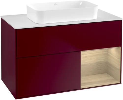VILLEROY BOCH Toaletní skříňka Finion, s osvětlením, 2 výsuvy, 1000 x 603 x 501 mm, matný lak Peony / dubová dýha / bílé matné sklo #F661PCHB