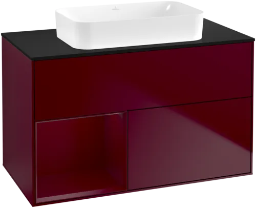VILLEROY BOCH Toaletní skříňka Finion, s osvětlením, 2 výsuvy, 1000 x 603 x 501 mm, Peony Matt Lacquer / Peony Matt Lacquer / Glass Black Matt #F652HBHB