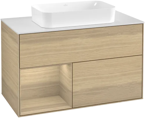 VILLEROY BOCH Toaletní skříňka Finion, s osvětlením, 2 výsuvy, 1000 x 603 x 501 mm, dubová dýha / dubová dýha / sklo bílé matné #F651PCPC