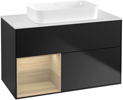 VILLEROY BOCH Toaletní skříňka Finion, s osvětlením, 2 výsuvy, 1000 x 603 x 501 mm, černý matný lak / dubová dýha / sklo bílé matné #F651PCPD