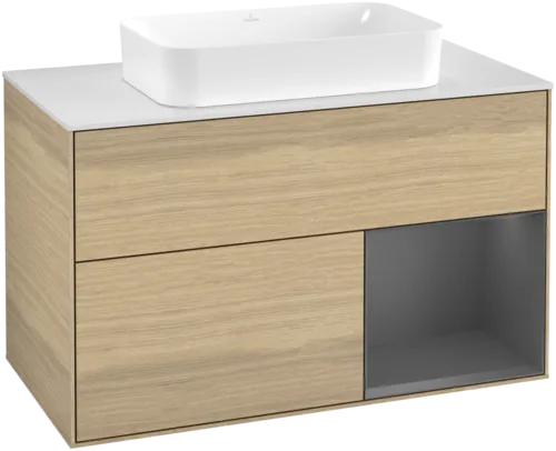 VILLEROY BOCH Toaletní skříňka Finion, s osvětlením, 2 výsuvy, 1000 x 603 x 501 mm, dubová dýha / antracitový matný lak / bílé matné sklo #F661GKPC