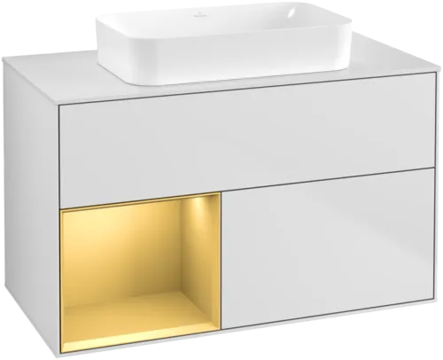 VILLEROY BOCH Toaletní skříňka Finion, s osvětlením, 2 výsuvy, 1000 x 603 x 501 mm, bílý matný lak / zlatý matný lak / sklo bílé matné #F651HFMT