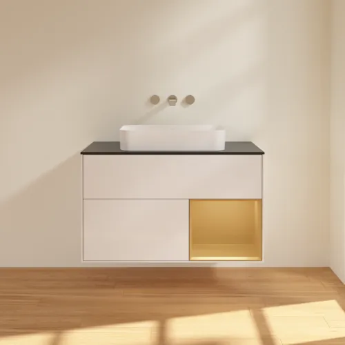 VILLEROY BOCH Toaletní skříňka Finion, s osvětlením, 2 výsuvy, 1000 x 603 x 501 mm, lesklý bílý lak / zlatý matný lak / černé matné sklo #F662HFGF, obrázek 3