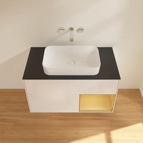 VILLEROY BOCH Toaletní skříňka Finion, s osvětlením, 2 výsuvy, 1000 x 603 x 501 mm, lesklý bílý lak / zlatý matný lak / černé matné sklo #F662HFGF, obrázek 4