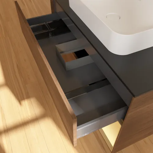 VILLEROY BOCH Toaletní skříňka Finion, s osvětlením, 2 výsuvy, 1000 x 603 x 501 mm, ořechová dýha / zlatý matný lak / černé matné sklo #F662HFGN, obrázek 8
