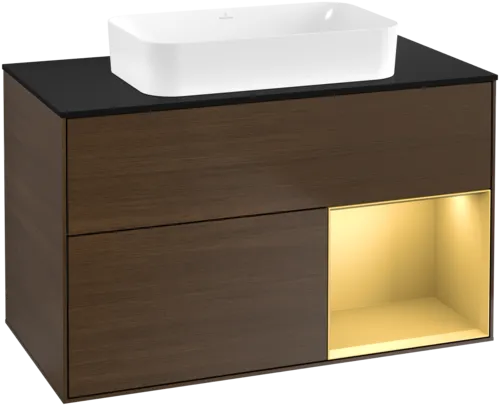 VILLEROY BOCH Toaletní skříňka Finion, s osvětlením, 2 výsuvy, 1000 x 603 x 501 mm, ořechová dýha / zlatý matný lak / černé matné sklo #F662HFGN