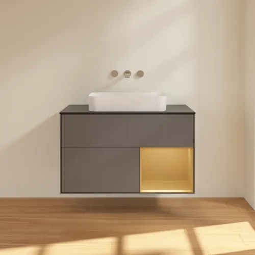 VILLEROY BOCH Toaletní skříňka Finion, s osvětlením, 2 výsuvy, 1000 x 603 x 501 mm, antracit matný lak / zlatý matný lak / černé matné sklo #F662HFGK, obrázek 3