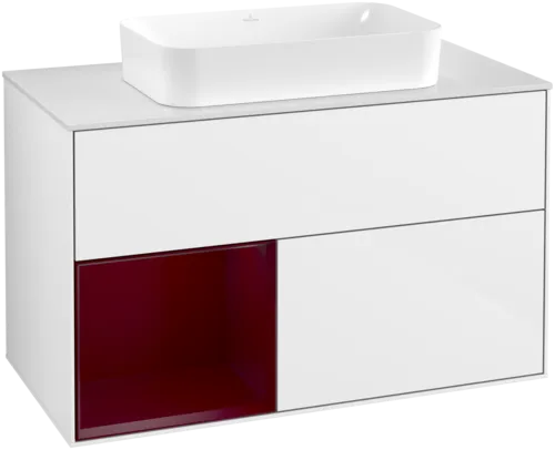 VILLEROY BOCH Toaletní skříňka Finion, s osvětlením, 2 výsuvy, 1000 x 603 x 501 mm, lesklý bílý lak / matný lak Pivoňka / matné bílé sklo #F651HBGF