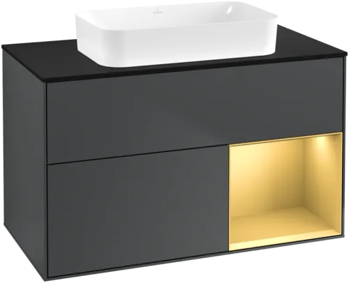 VILLEROY BOCH Toaletní skříňka Finion, s osvětlením, 2 výsuvy, 1000 x 603 x 501 mm, Midnight Blue Matt Lacquer / Gold Matt Lacquer / Glass Black Matt #F662HFHG