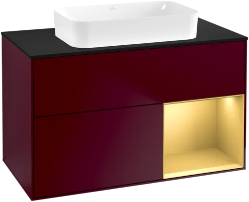 VILLEROY BOCH Toaletní skříňka Finion, s osvětlením, 2 výsuvy, 1000 x 603 x 501 mm, Peony Matt Lacquer / Gold Matt Lacquer / Glass Black Matt #F662HFHB
