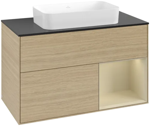 VILLEROY BOCH Toaletní skříňka Finion, s osvětlením, 2 výsuvy, 1000 x 603 x 501 mm, dubová dýha / hedvábně šedý matný lak / sklo černé matné #F662HJPC