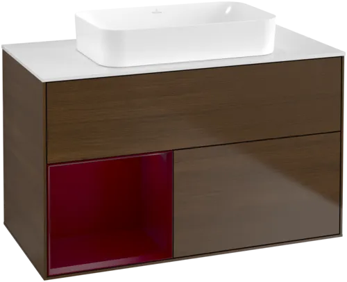 VILLEROY BOCH Toaletní skříňka Finion, s osvětlením, 2 výsuvy, 1000 x 603 x 501 mm, ořechová dýha / matný lak Pivoňka / matné bílé sklo #F651HBGN
