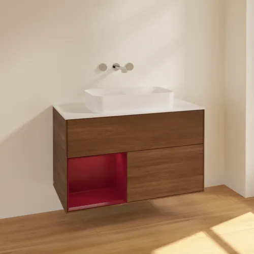 VILLEROY BOCH Toaletní skříňka Finion, s osvětlením, 2 výsuvy, 1000 x 603 x 501 mm, ořechová dýha / matný lak Pivoňka / matné bílé sklo #F651HBGN, obrázek 2