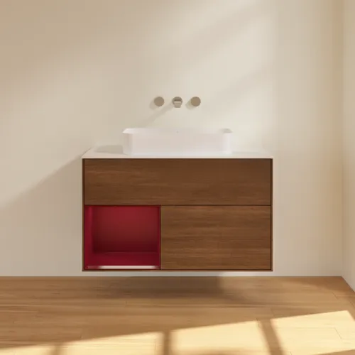 VILLEROY BOCH Toaletní skříňka Finion, s osvětlením, 2 výsuvy, 1000 x 603 x 501 mm, ořechová dýha / matný lak Pivoňka / matné bílé sklo #F651HBGN, obrázek 3