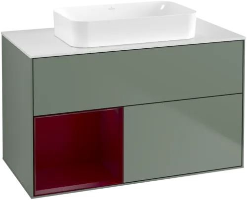 VILLEROY BOCH Toaletní skříňka Finion, s osvětlením, 2 výsuvy, 1000 x 603 x 501 mm, olivový matný lak / pivoňkový matný lak / bílé matné sklo #F651HBGM