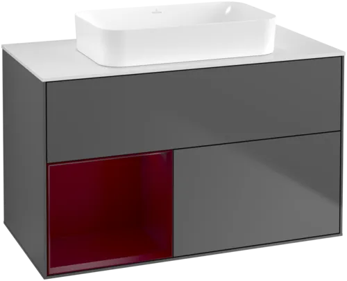 VILLEROY BOCH Toaletní skříňka Finion, s osvětlením, 2 výsuvy, 1000 x 603 x 501 mm, antracit matný lak / pivoňka matný lak / sklo bílé matné #F651HBGK
