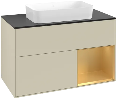 VILLEROY BOCH Toaletní skříňka Finion, s osvětlením, 2 výsuvy, 1000 x 603 x 501 mm, Silk Grey Matt Lacquer / Gold Matt Lacquer / Glass Black Matt #F662HFHJ