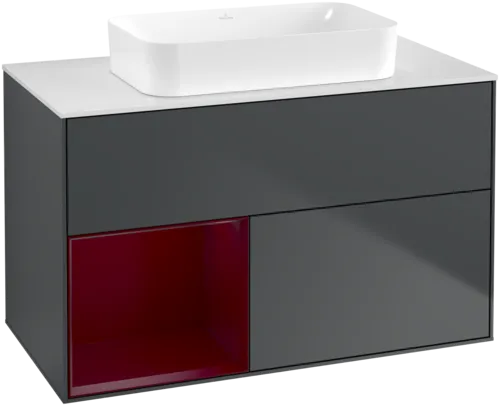 VILLEROY BOCH Toaletní skříňka Finion, s osvětlením, 2 výsuvy, 1000 x 603 x 501 mm, Midnight Blue Matt Lacquer / Peony Matt Lacquer / Glass White Matt #F651HBHG