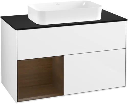 VILLEROY BOCH Toaletní skříňka Finion, s osvětlením, 2 výsuvy, 1000 x 603 x 501 mm, lesklý bílý lak / ořechová dýha / černé matné sklo #F652GNGF