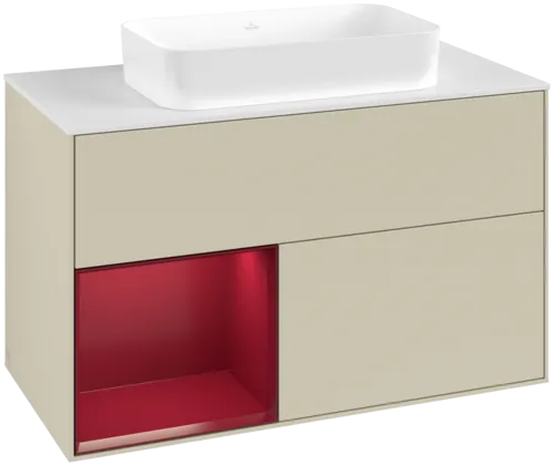 VILLEROY BOCH Toaletní skříňka Finion, s osvětlením, 2 výsuvy, 1000 x 603 x 501 mm, Silk Grey Matt Lacquer / Peony Matt Lacquer / Glass White Matt #F651HBHJ