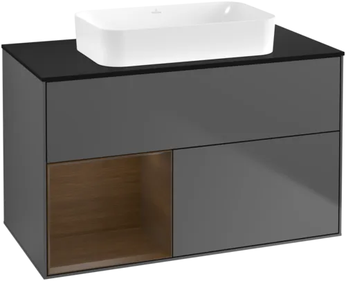 VILLEROY BOCH Toaletní skříňka Finion, s osvětlením, 2 výsuvy, 1000 x 603 x 501 mm, antracitový matný lak / ořechová dýha / černé matné sklo #F652GNGK