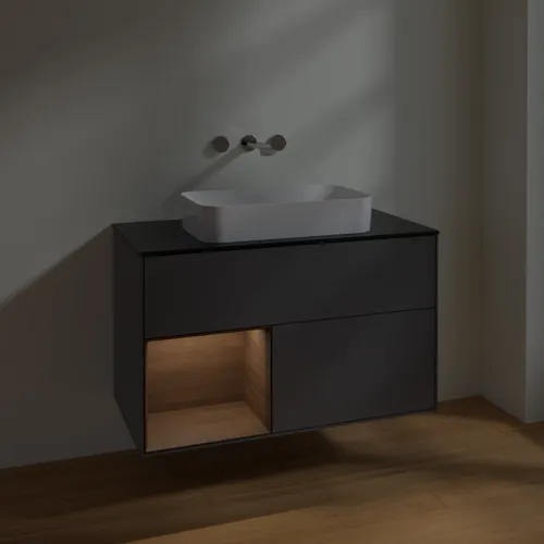 VILLEROY BOCH Toaletní skříňka Finion, s osvětlením, 2 výsuvy, 1000 x 603 x 501 mm, antracitový matný lak / ořechová dýha / černé matné sklo #F652GNGK, obrázek 5