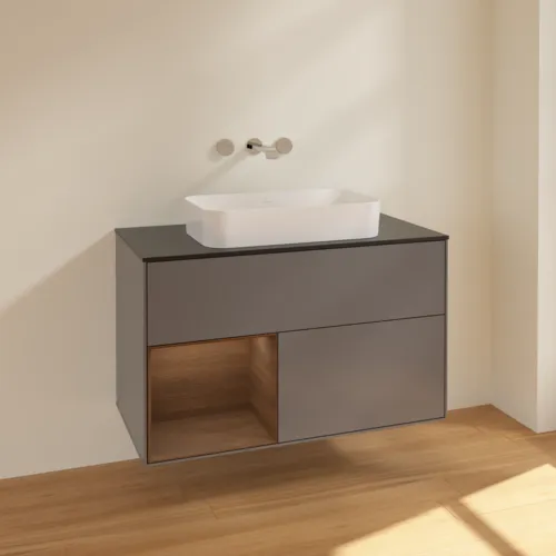VILLEROY BOCH Toaletní skříňka Finion, s osvětlením, 2 výsuvy, 1000 x 603 x 501 mm, antracitový matný lak / ořechová dýha / černé matné sklo #F652GNGK, obrázek 2