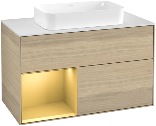 VILLEROY BOCH Toaletní stolek Finion, s osvětlením, 2 výsuvy, 1000 x 603 x 501 mm, dubová dýha / zlatý matný lak / sklo bílé matné #F651HFPC