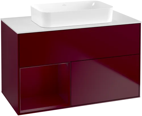 VILLEROY BOCH Toaletní skříňka Finion, s osvětlením, 2 výsuvy, 1000 x 603 x 501 mm, Peony Matt Lacquer / Peony Matt Lacquer / Glass White Matt #F651HBHB