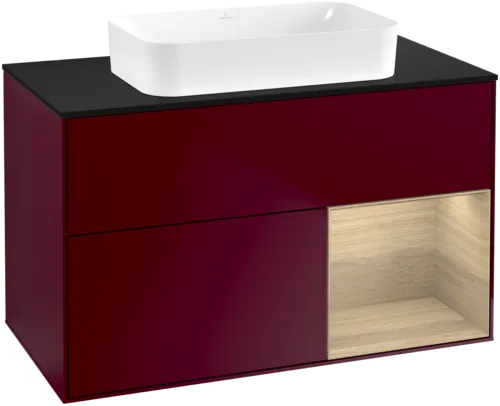 VILLEROY BOCH Toaletní stolek Finion, s osvětlením, 2 výsuvy, 1000 x 603 x 501 mm, matný lak Peony / dubová dýha / černé matné sklo #F662PCHB