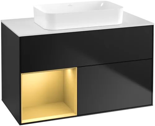 VILLEROY BOCH Toaletní skříňka Finion, s osvětlením, 2 výsuvy, 1000 x 603 x 501 mm, černý matný lak / zlatý matný lak / bílé matné sklo #F651HFPD